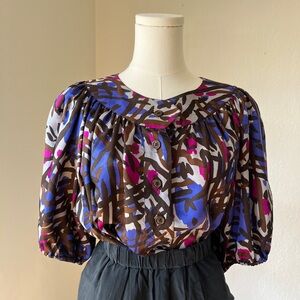 Yves Saint Laurent Blue, pink and Brown satin silk Puff Sleeve Blouse